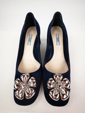 Prada Navy Suede Silver Flower Applique Block Heel Pump Sz 39.5